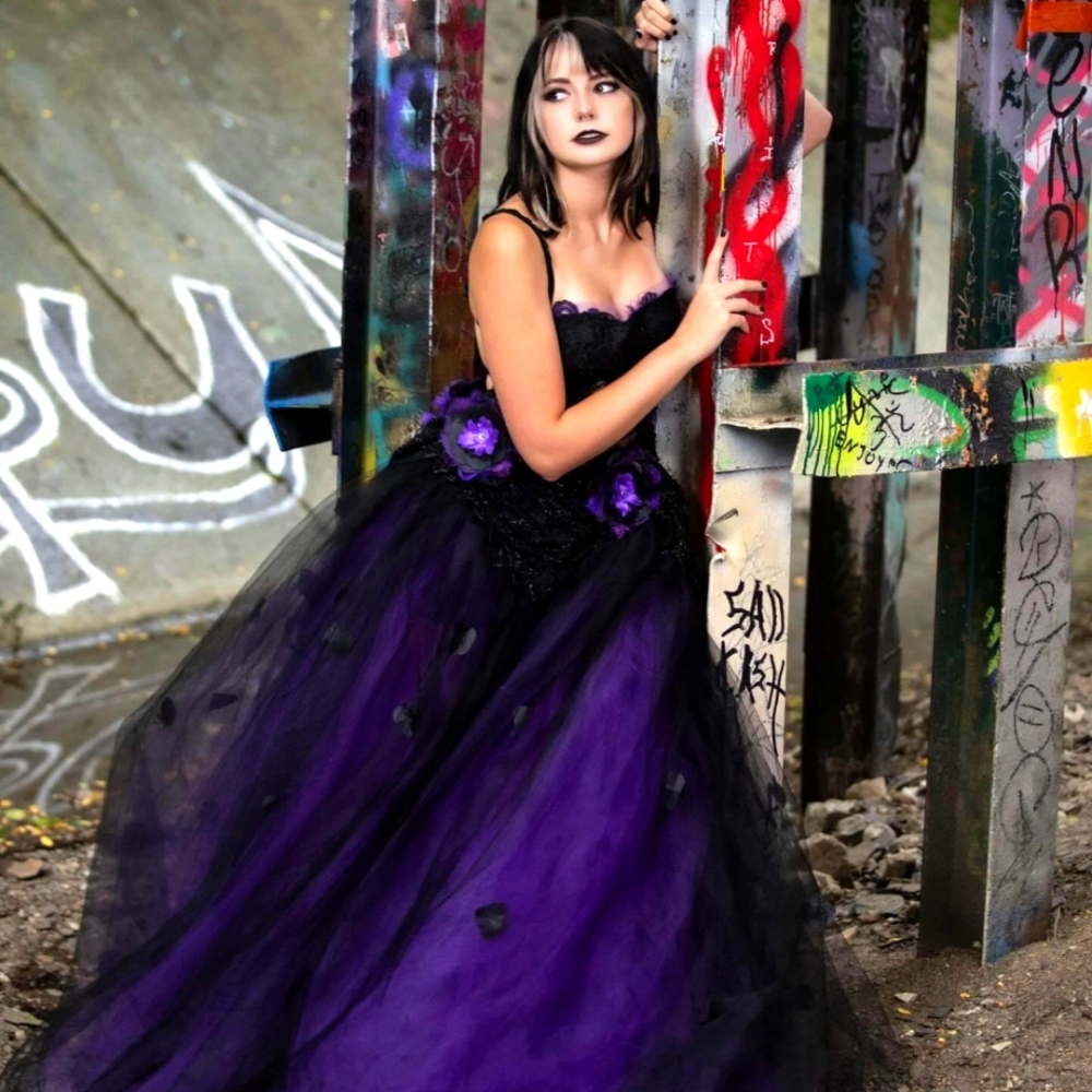 "LADY ANA" Custom Order Black & Purple Rose Petal Tulle Wedding Ballgown Set - Picture 9 of 13